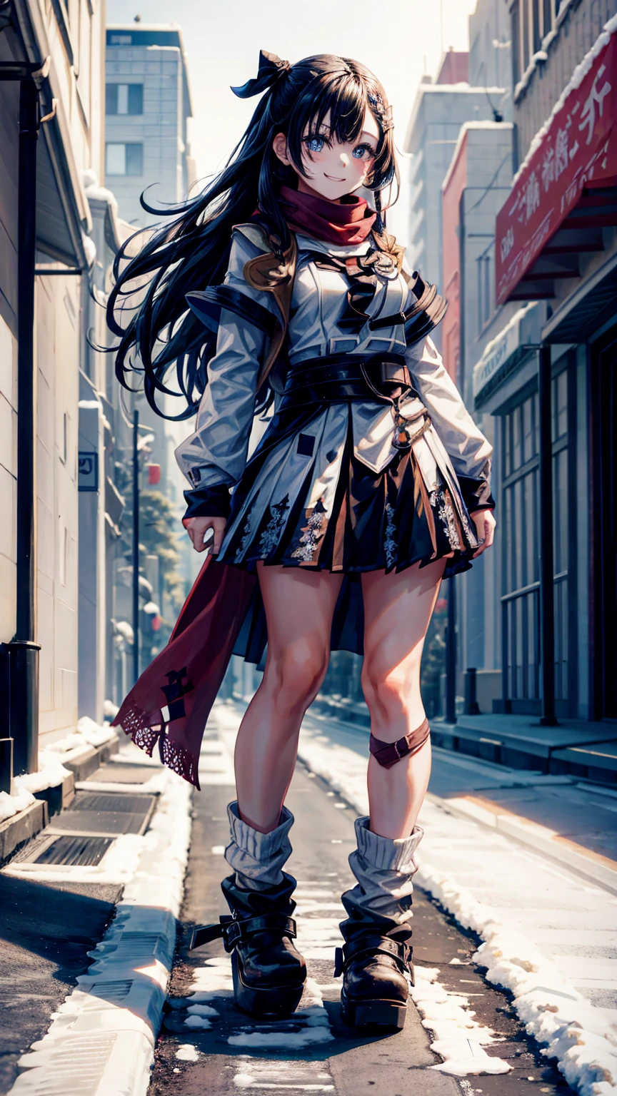 1girl, solo, winter, (full body、red long scarf, looking at viewer, center, f black hair、student clothes、smileBREAK outdoor, hill, street, people, snow, morning,
BREAK
masterpiece, best quality,