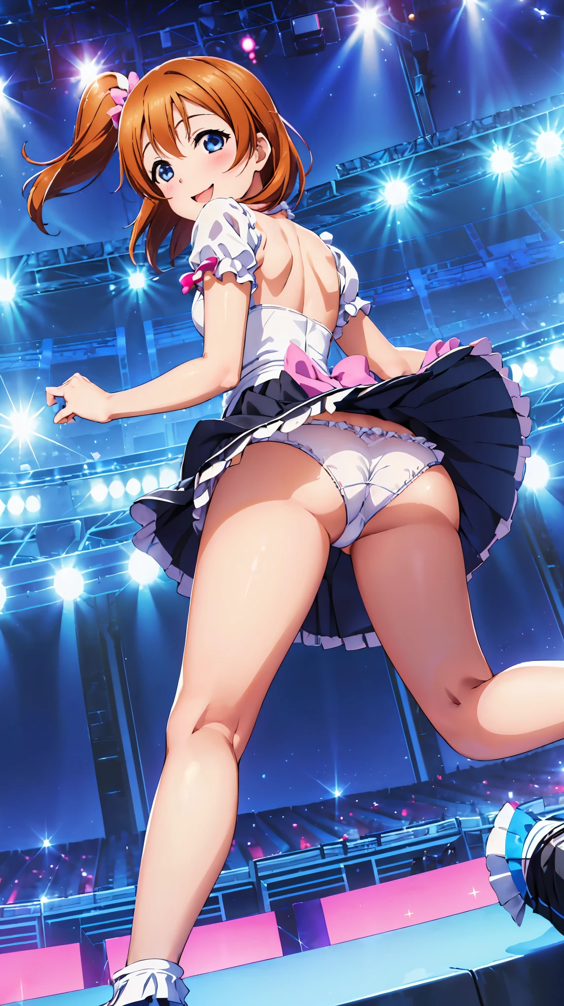 (((Pixel perfect, perfect detail))), (((Underskirt angle view, panties are visible,))), solo, solo girl, Honoka Kosaka, (μ's Idol Dress), viewer's point of view, smiling, μ's, Love Live! Stage, singing, (Tuck skirt 1.3), (Detailed panties 1.3), (Very white panties: 1.3), (Pants with ribbons and decorations), (Pants with frills: 1.3), (Cotton, full back panties: 1.3), (Low angle), blue eyes, orange hair, one side up hair, short hair, (Spread legs: 1.0)