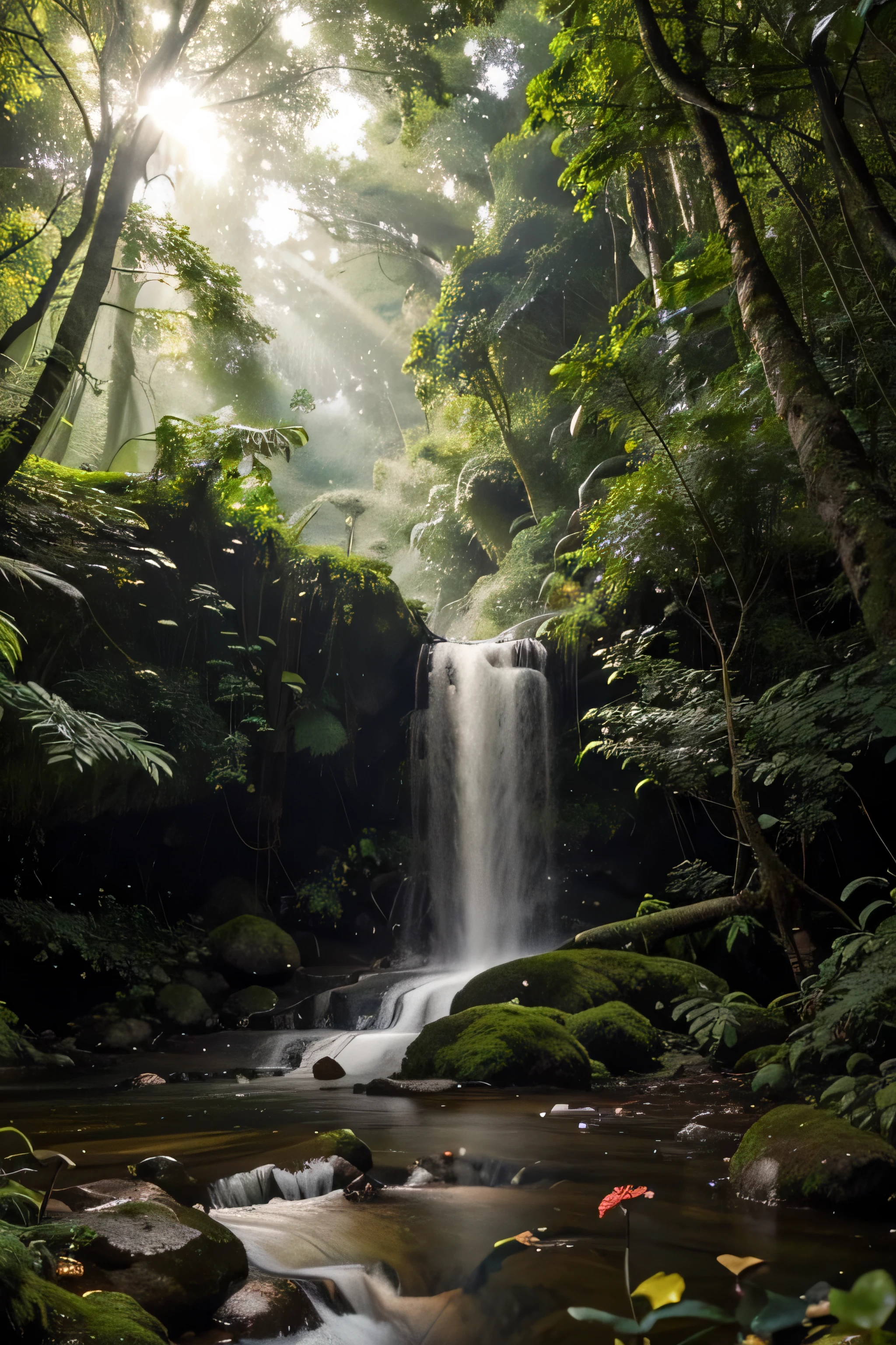 Create a photorealistic image of a dense rainforest at dawn, where rays of sunlight pierce the morning mist, illuminating the lush green leaves. The forest floor is covered in a mixture of green moss, fallen leaves and colorful wild flowers. Various species of tall trees, with thick trunks and intertwined roots, dominate the scene. No fundo, a small waterfall flows into a crystal clear stream, creating a sense of peace and tranquility. some animals, like vibrantly colored exotic birds and monkeys, can be seen between the branches of the trees, as multicolored butterflies flutter gently through the air