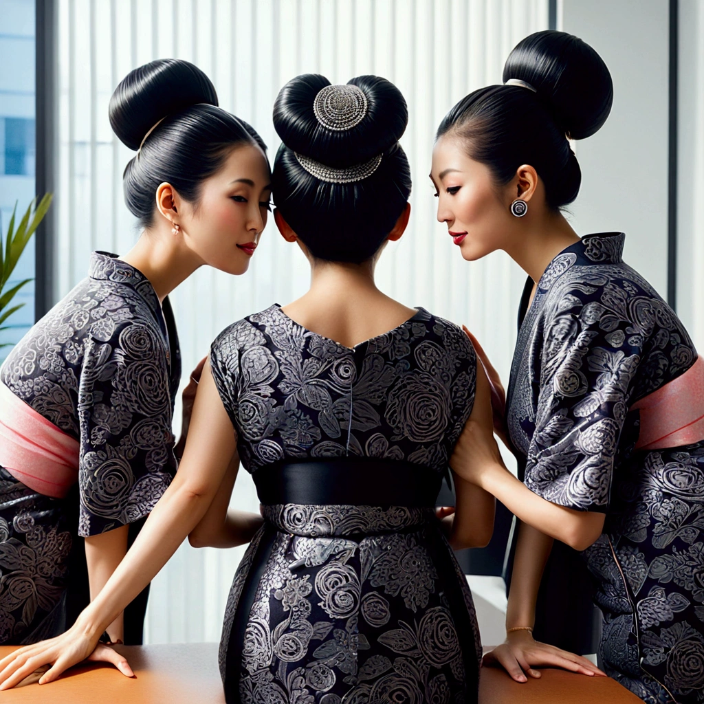 three japanese eldery ladies in kimono at luxerius office items sorrounded bright lighted modern office,their black straight bob hair back side made in to low single small ponytail while front parted hair maded into twin bun,100 liters of oil poured over their hairs making slick shinning like mirrors,tongues are highly visible,kissing 