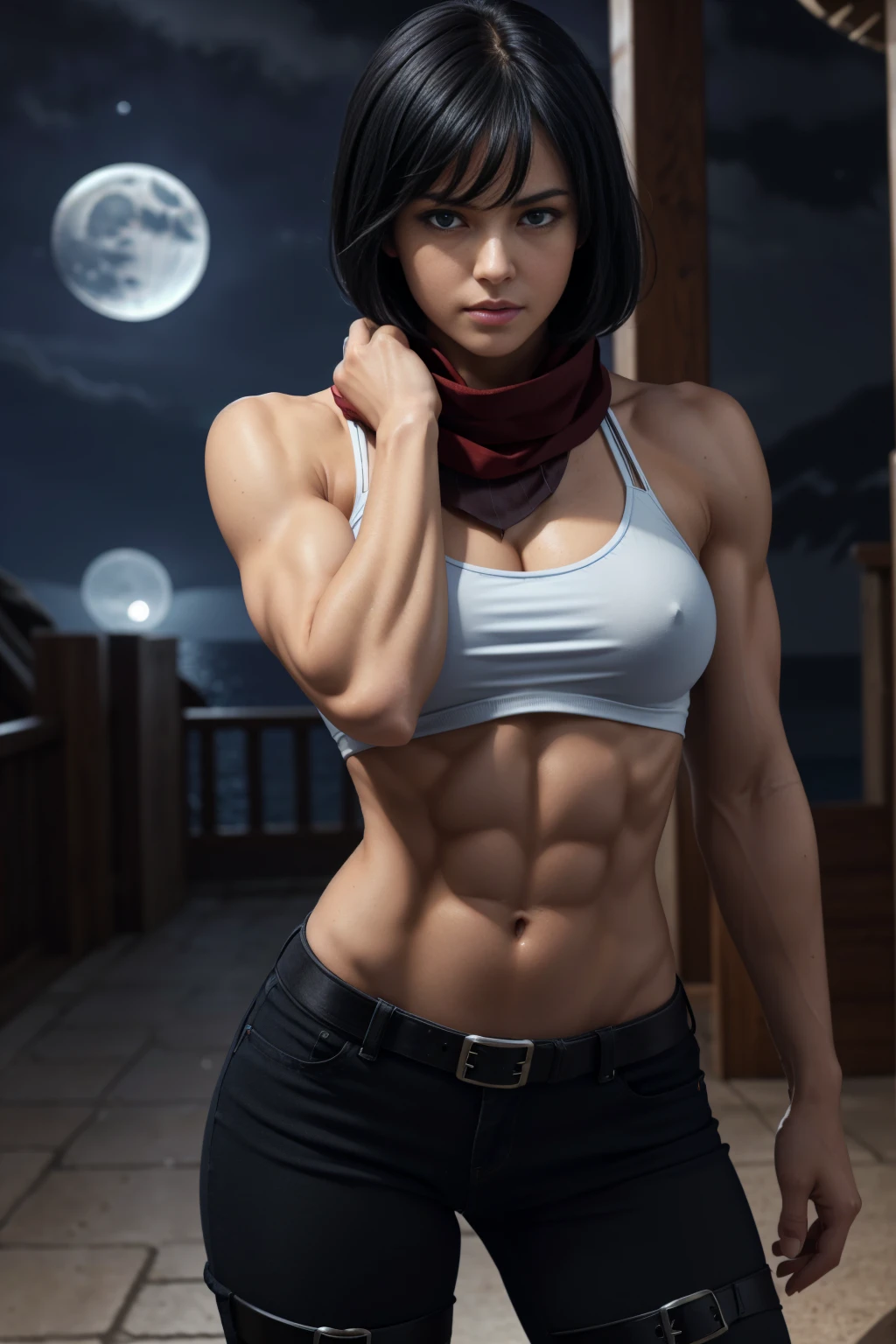 8K, Top Quality, Intricate Details, Ultra Detail, Ultra High Resolution, high-quality, photorealistic image, Masterpiece, random angle, young, attractive, very beautiful mikasa ackerman, with a toned and muscular body. She has a sexy fit and athletic physique, staring with sensual face expressions and a sexy seductive smirk, (Makeup: 0.4), (Fluffy Blue Eyes: 1.21), blue Eyes, ((full body)), 1girl, solo, 1 girl, (( full body)), close-up shot, (((fit body))), (((slim face))), sharp face, sharp eyes, (((black hair, short hair, bangs)), (detailed face), sharp face, small lips, thin lips, ((red scarf, crop top, thigh strap)), detailed face, detailed breasts, medium perky breasts, detail, curvy biceps and triceps, with accentuated slender abs: 1.4, Six Pack Abs: 1.4, Bust Botox, Perfect Body, detail leg, (( moonlight)), ocean