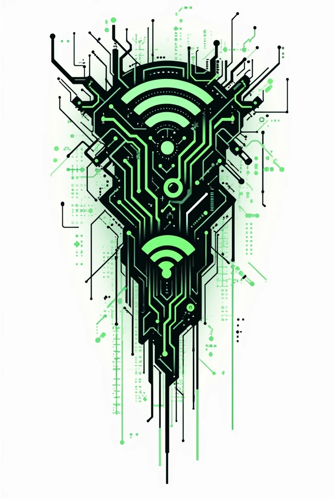 black and green tattoo representing computing and wifi network, just the design with a white background