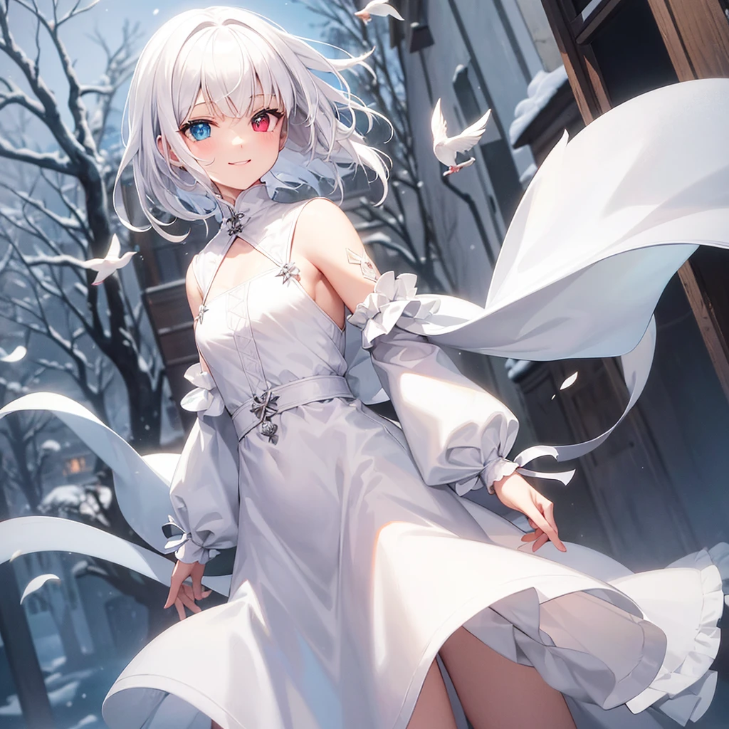 1 , hair as white as snow, heterochromia, fly away, cute little smile, criança fly away e doravel, cat smile, simple medieval clothes for cold weather, Short hair in the wind, neve