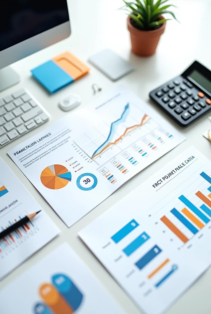 create an image for a presentation sheet, that includes, statistics graphs, computer, calculator, Pencil and other office supplies