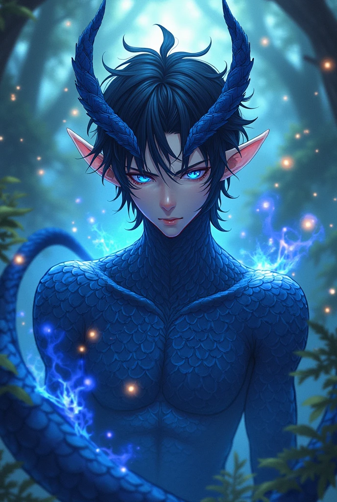 Anime art style, enigmatic male character, deep blue scales intricately flaked across his face, striking blue eyes with vertically slitted pupils exuding a sense of mystery, short raven-black hair framing his features, elegantly pointed elf ears accentuating his features, pair of majestic dragon horns curving gracefully from forehead, tapered and prehensile tail curling behind him, creating a sense of balance and dynamism, visually captivating environment of a vibrant fantasy world, lush landscapes and swirling magical energies, ethereal lighting casting soft glows on scales, highlighting intricate textures and patterns, composition focused on the character surrounded by swirling mists, deep forest greens contrasting with blue hues of his scales, vibrant colors enhancing the visual impact, the atmosphere charged with a sense of adventure and potential, anime-style  with bold outlines and rich detail, expressive character design capturing both strength and elegance, dynamic gesture imbued with movement, adding life to the scene, layered colors and gradients creating depth and dimension in the artwork, aimed to evoke emotional connection and wonder in viewers