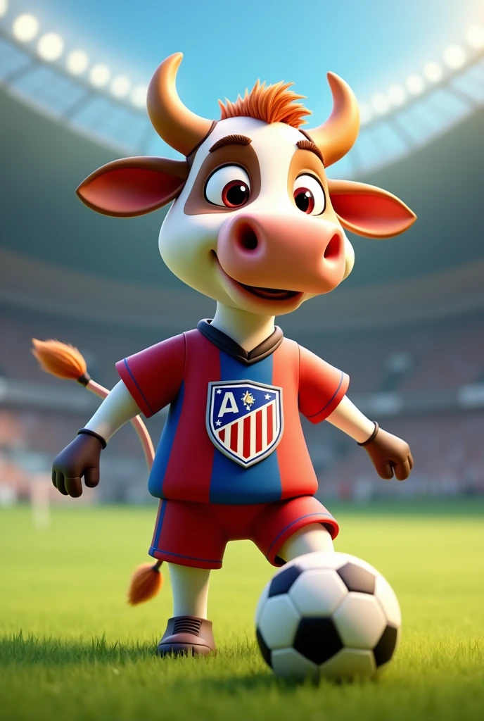 A cow playing soccer in a uniform, all animated with the logo of Atlético Villa Olga that the shield is a shot , that the logo of the shield says Atlético Villa Olga