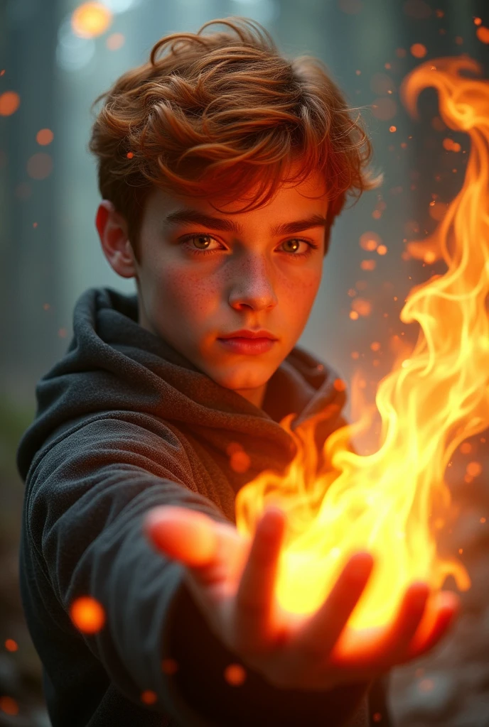 Create a picture of a teenager but looking a  bit older boy with dark ginger hair and dark honey color eyes controlling fire with his hand