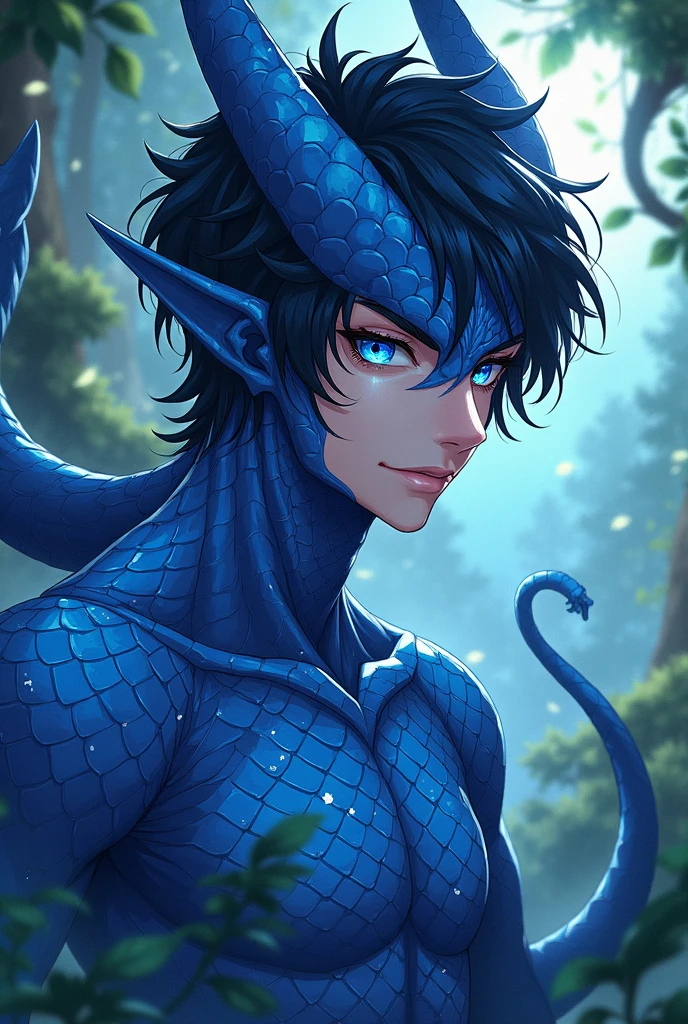 Anime art style, enigmatic male character, deep blue scales intricately flaked across his face, striking blue eyes with vertically slitted pupils exuding a sense of mystery, short raven-black hair framing his features, elegantly pointed elf ears accentuating his features, pair of majestic dragon horns curving gracefully from forehead, tapered and prehensile tail curling behind him, creating a sense of balance and dynamism, visually captivating environment of a vibrant fantasy world, lush landscapes and swirling magical energies, ethereal lighting casting soft glows on scales, highlighting intricate textures and patterns, composition focused on the character surrounded by swirling mists, deep forest greens contrasting with blue hues of his scales, vibrant colors enhancing the visual impact, the atmosphere charged with a sense of adventure and potential, anime-style with bold outlines and rich detail, expressive character design capturing both strength and elegance, dynamic gesture imbued with movement, adding life to the scene, layered colors and gradients creating depth and dimension in the artwork, aimed to evoke emotional connection and wonder in viewers