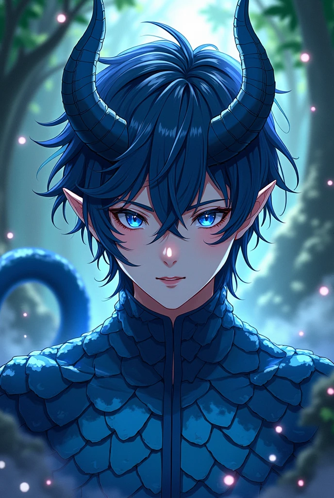 Anime art style, enigmatic male character, deep blue scales intricately flaked across his face, striking blue eyes with vertically slitted pupils exuding a sense of mystery, short raven-black hair framing his features, elegantly pointed elf ears accentuating his features, pair of majestic dragon horns curving gracefully from forehead, tapered and prehensile tail curling behind him, creating a sense of balance and dynamism, visually captivating environment of a vibrant fantasy world, lush landscapes and swirling magical energies, ethereal lighting casting soft glows on scales, highlighting intricate textures and patterns, composition focused on the character surrounded by swirling mists, deep forest greens contrasting with blue hues of his scales, vibrant colors enhancing the visual impact, the atmosphere charged with a sense of adventure and potential, anime-style with bold outlines and rich detail, expressive character design capturing both strength and elegance, dynamic gesture imbued with movement, adding life to the scene, layered colors and gradients creating depth and dimension in the artwork, aimed to evoke emotional connection and wonder in viewers