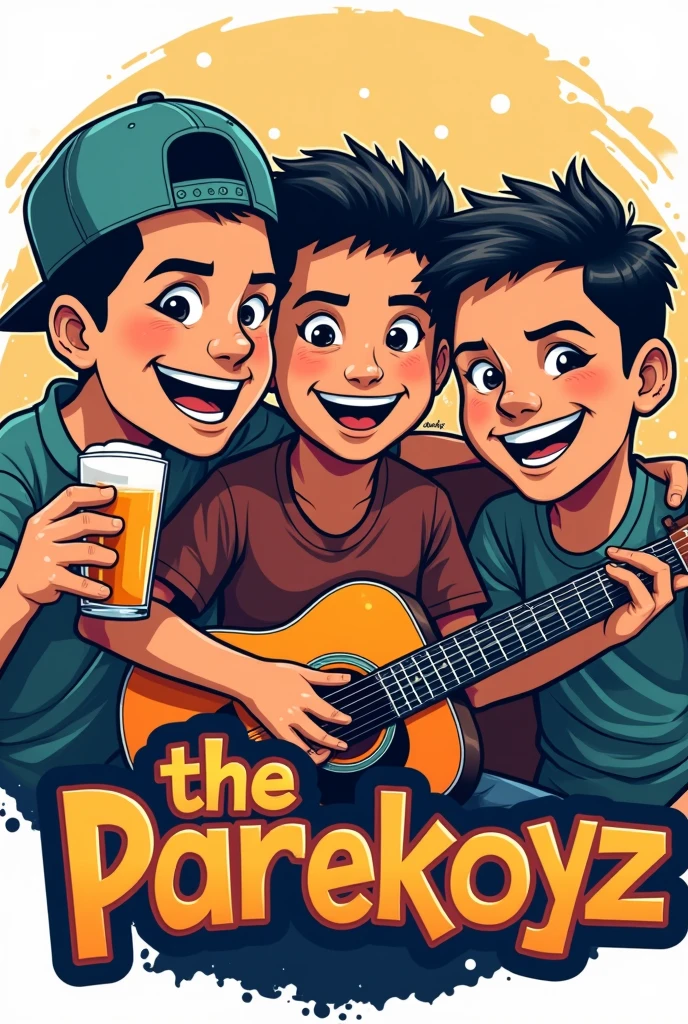 logo of three male Filipino
friends, one holding a glass of beer, the other holding a guitar, the boy in the middle has a mole on his cheek, then there are snapback cap and below the logo there is the lettering The Parekoyz
