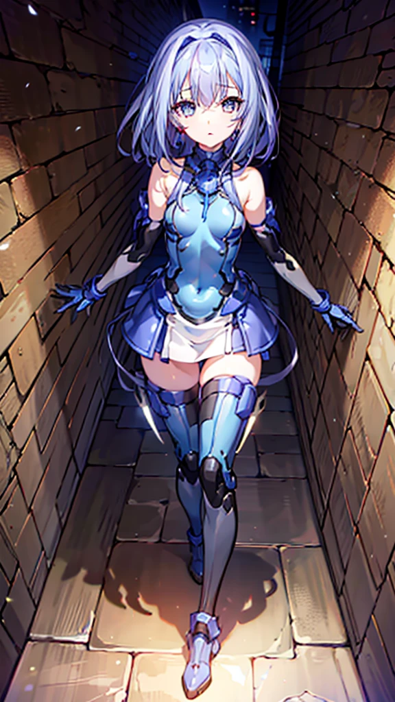 ((full body)),Teenage Girls in Anime, Blue and grey metal armor, Blue hand and thigh accessories, Short dark blue-gray hair, hair accessory, Grey Eyes, Silver earrings, nose, Curious, Healthy Skin, Very dirty, head, shoulder, Small box, arms, Have a map, Narrow waist, feet, Medium thighs, Has black robotic legs, cute, Bright colors on the shirt, Futuristic marble white palace, Shining light in the sky, Stand next to a wall, Cinematic Light, High resolution, Highest quality, Super detailed, Detailed face, (Detailed eyes), Highest quality, Super detailed, masterpiece, (Detailed face), Beautiful face, feetを見せて, short hair