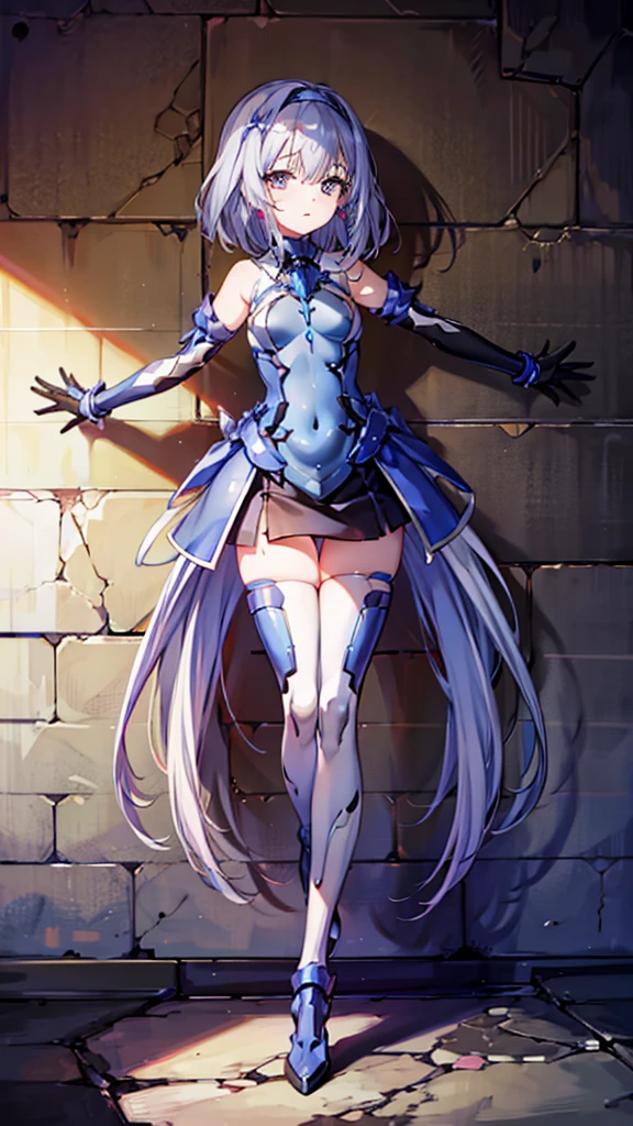 ((full body)),Teenage Girls in Anime, Blue and grey metal armor, Blue hand and thigh accessories, Short dark blue-gray hair, hair accessory, Grey Eyes, Silver earrings, nose, Curious, Healthy Skin, Very dirty, head, shoulder, Small box, arms, Have a map, Narrow waist, feet, Medium thighs, Has black robotic legs, cute, Bright colors on the shirt, Futuristic marble white palace, Shining light in the sky, Stand next to a wall, Cinematic Light, High resolution, Highest quality, Super detailed, Detailed face, (Detailed eyes), Highest quality, Super detailed, masterpiece, (Detailed face), Beautiful face, feetを見せて, short hair