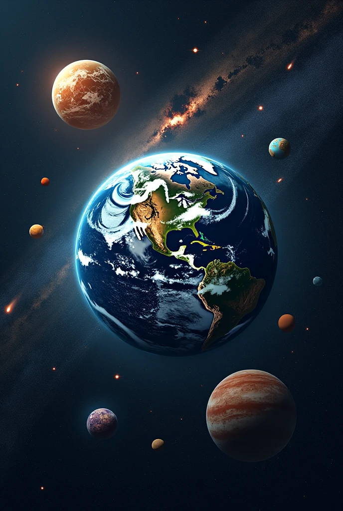 Create a three-dimensional image of planet Earth in the universe with interesting features and fantasy worlds and planets behind it comets and meteors passing by place lights galaxies nebulae so that everything is well positioned 
