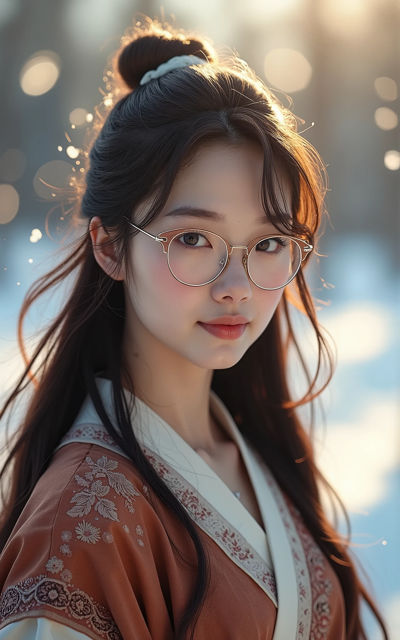 Young ainu woman with the face of (Gal Gadot:Evangeline Lilly), (looking at viewer, light smile, ), brown hair, brown eyes, long hair, hair_flying, Fluttering hair, flying_hair, ((Transparent glasses, glasses, glasses_on_nose)), ((traditional ainu clothes)), sexy, charming, stunning, enhance, delicate, (pale skin, real_skin), sunlight, Winter, snow, Hokkaido, outdoor, best quality, high quality, highres, 8k, photo realistic.
