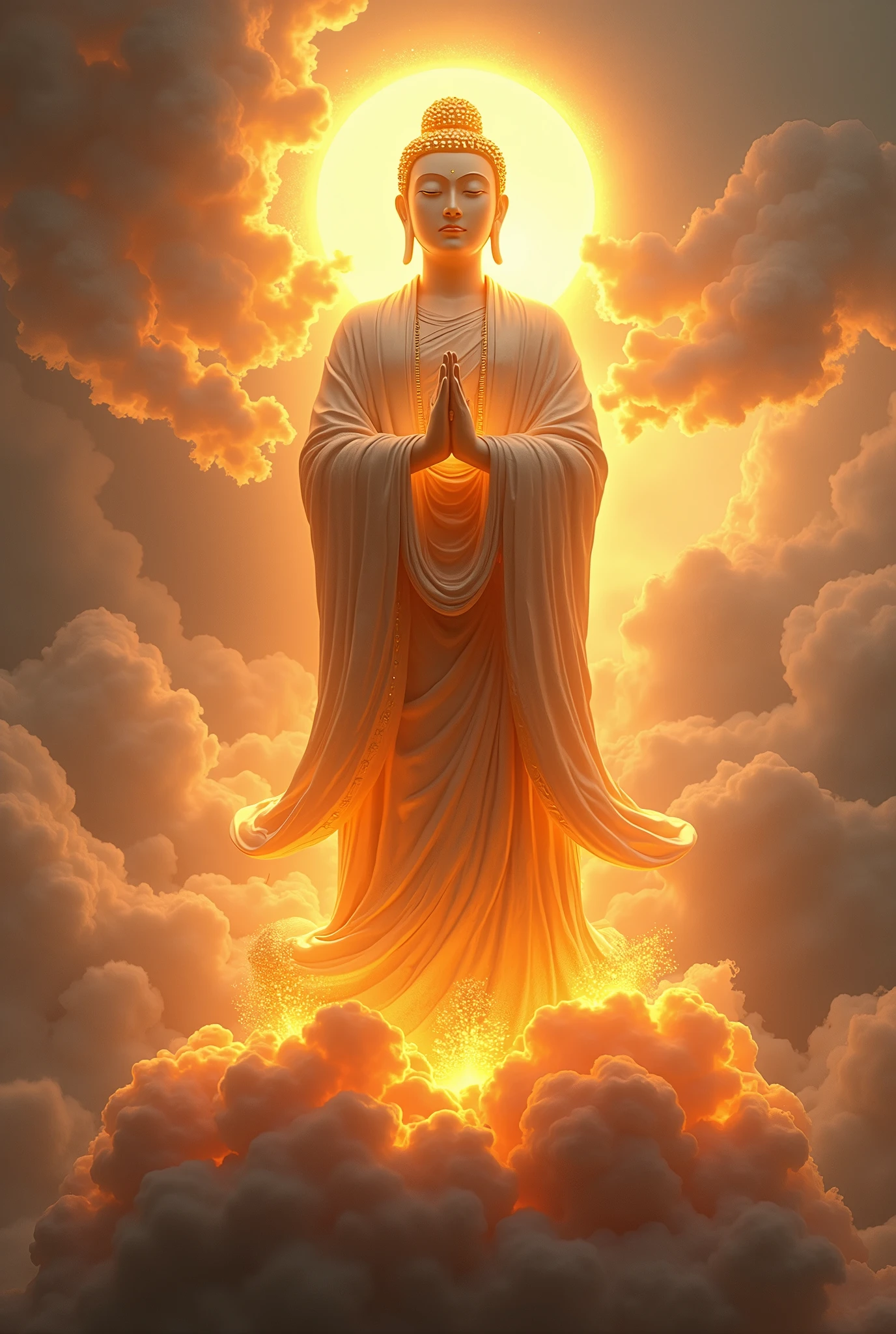 Jizo Bodhisattva,Golden Body,Colorful clouds,Three-dimensional ancient style,Plant luminescence,Photography style,Lifelike,Clarity,illumination,high quality,Reality,8k,HD,