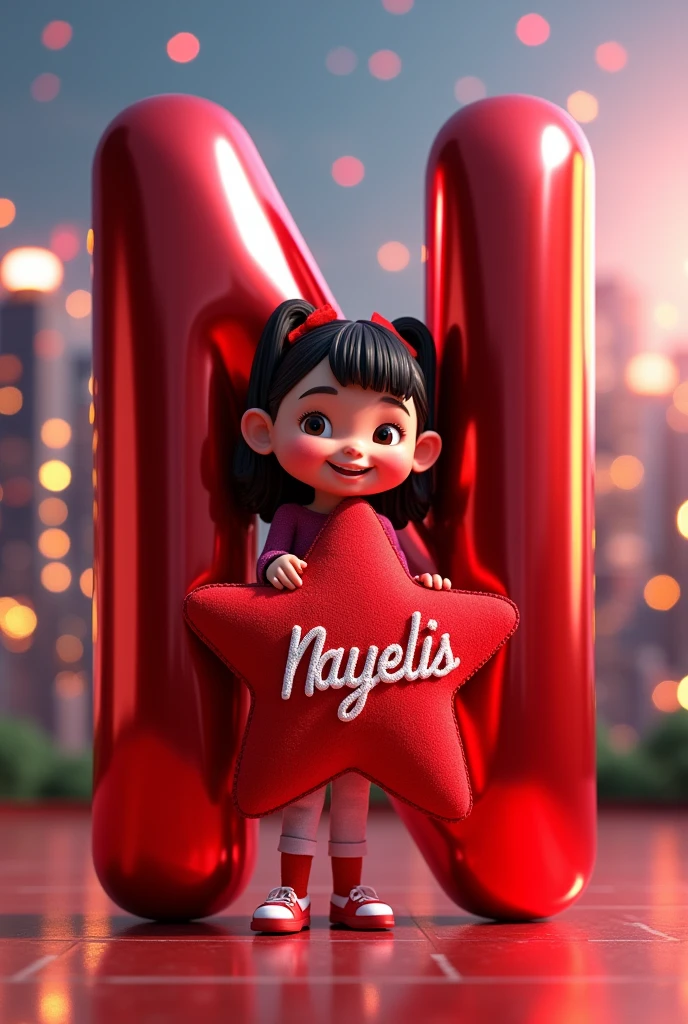 A 3D render of a modern metallic red "N" transformed into a stunning art piece. The letter is the focal point, drawing the viewer's eye. It is surrounded by a dazzling star bokeh effect, creating a contemporary atmosphere. Cartoon Mafalda is nearby, grinning and embracing a plush red star adorned with the name "Nayelis" in elegant white embroidery. The backdrop is a city skyline with tall buildings. The elements of this spellbinding illustration perfectly represent fashion, vibrancy, typography, 3D render, and innovation.