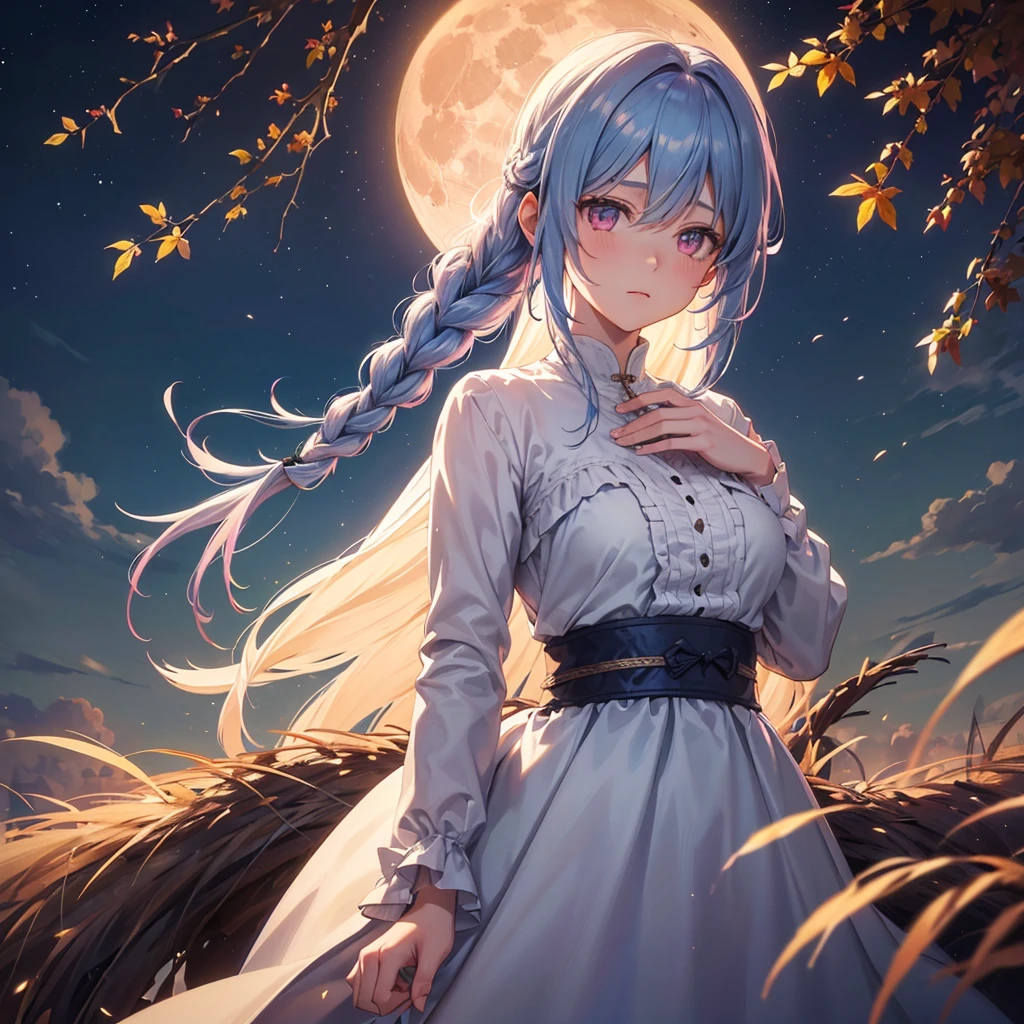 (Braiding hair),(Sky blue medium hair), (Pink eyes),(Fair skin)  ,(whole body),(One Girl),(harvest moon),(A large amount of Miscanthus sinensis in the background),autumn,(full moon),(masterpiece, Highest quality, Very detailed, Best Shadow), (Detailed Background), (Beautifully detailed face), High Contrast, (Best lighting, Very delicate and beautiful), ((Cinematic Light)), Hyper Detail,8k, Dramatic Light, Intricate details,Autumn leaf viewing,