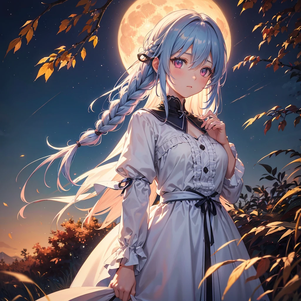 (Braiding hair),(Sky blue medium hair), (Pink eyes),(Fair skin) ,(whole body),(One Girl),(harvest moon),(A large amount of Miscanthus sinensis in the background),autumn,(full moon),(masterpiece, Highest quality, Very detailed, Best Shadow), (Detailed Background), (Beautifully detailed face), High Contrast, (Best lighting, Very delicate and beautiful), ((Cinematic Light)), Hyper Detail,8k, Dramatic Light, Intricate details,Autumn leaf viewing,