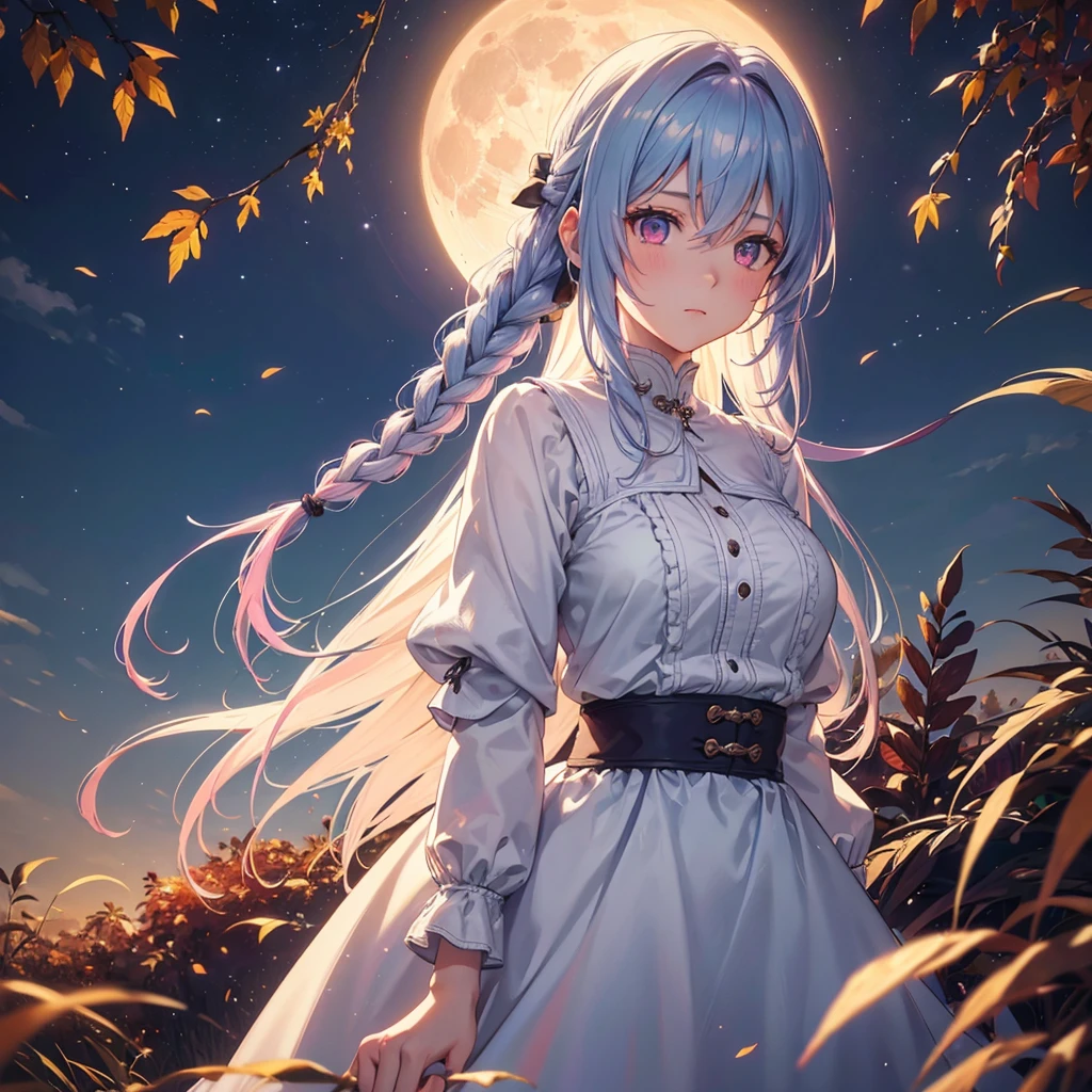 (Braiding hair),(Sky blue medium hair), (Pink eyes),(Fair skin) ,(whole body),(One Girl),(harvest moon),(A large amount of Miscanthus sinensis in the background),autumn,(full moon),(masterpiece, Highest quality, Very detailed, Best Shadow), (Detailed Background), (Beautifully detailed face), High Contrast, (Best lighting, Very delicate and beautiful), ((Cinematic Light)), Hyper Detail,8k, Dramatic Light, Intricate details,Autumn leaf viewing,