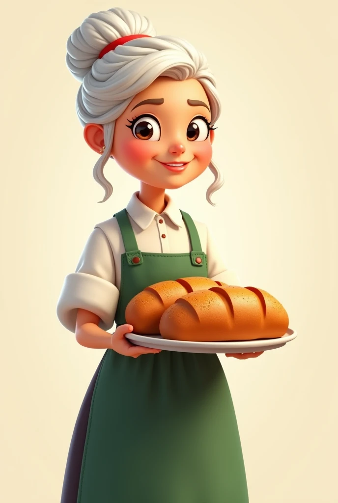 beautiful grandmother, white hair tied in a bun, baker, bread tray in hands green apron, Caucasian, a eyes, animated, 2D sin fondo, vendiendo el pan
Medio cuerpo y de diagonal