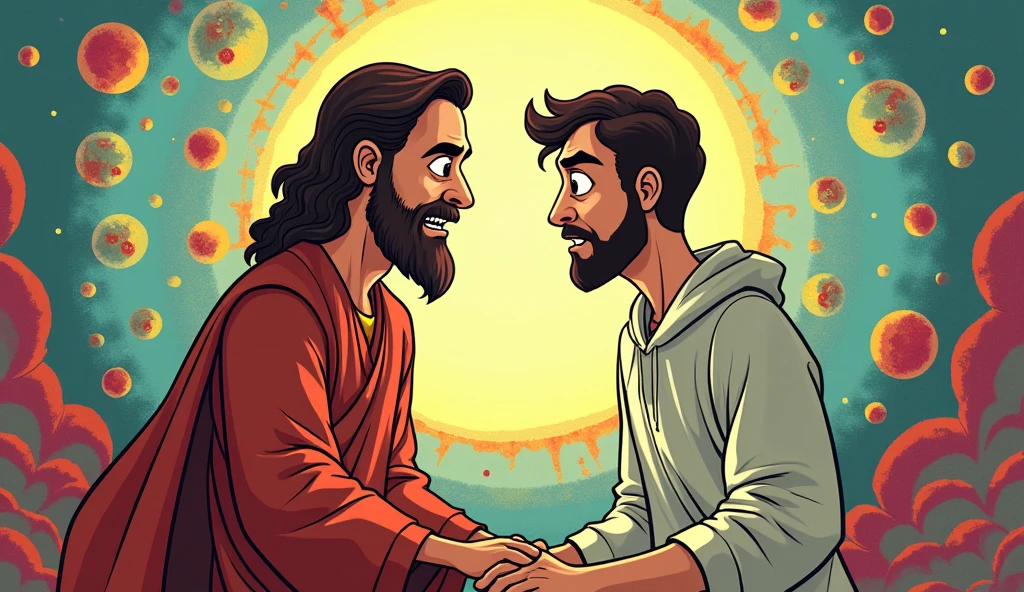 Cartoon background image Parmeshwar yeshu Masih ek admi ko punishment shika rhe hai