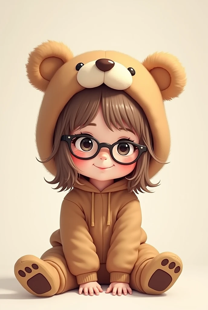  don&#39;t fly, with rosy cheeks, medium hair without fringe light brown color,  eyes black, Grinning, sitting on the floor, with teddy bear cap and glasses