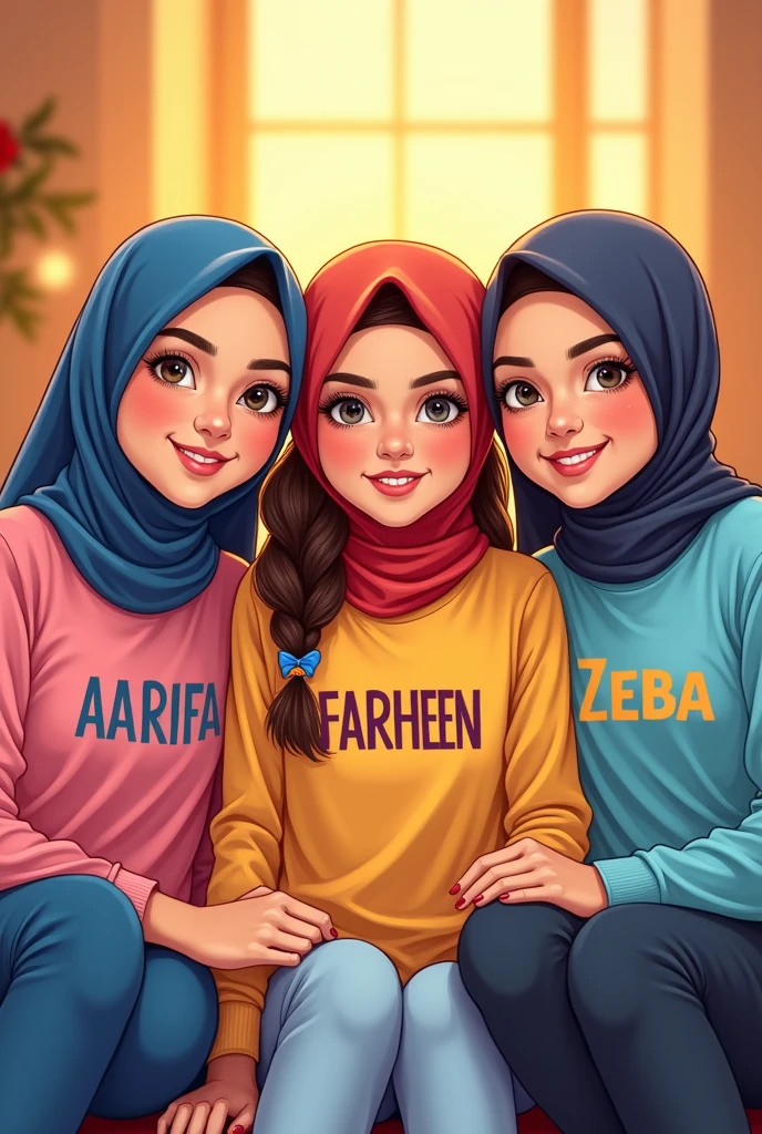 3 sister name on tshirt years age and 34 years 30 years and 25 years age girls hijab girl
1.Aarifa
2.Farheen
3.Zeba