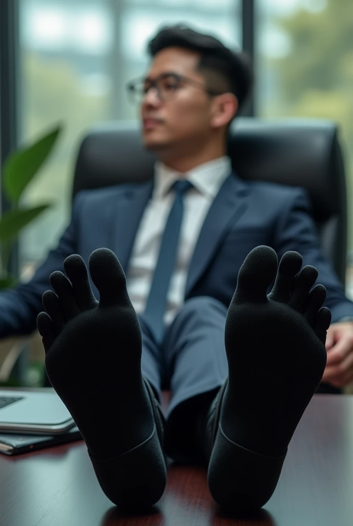 Malay 25 years steward from Malaysia Airline
Suit and tie
Puma shoes on table
Feet on desk
Black sock
5 toes each feet
Focus on feet