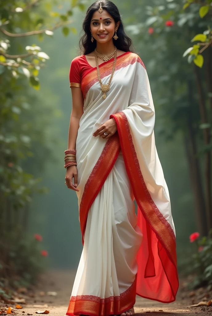 A beautiful woman in a white saree red border pallu on head with bindi Bengali style and a mole in her face standing full body displayed realistic