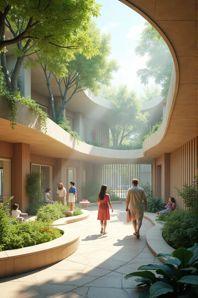 Create a hospital or health center for disabled people that represents the concept of calm, tranquillity, play of light 