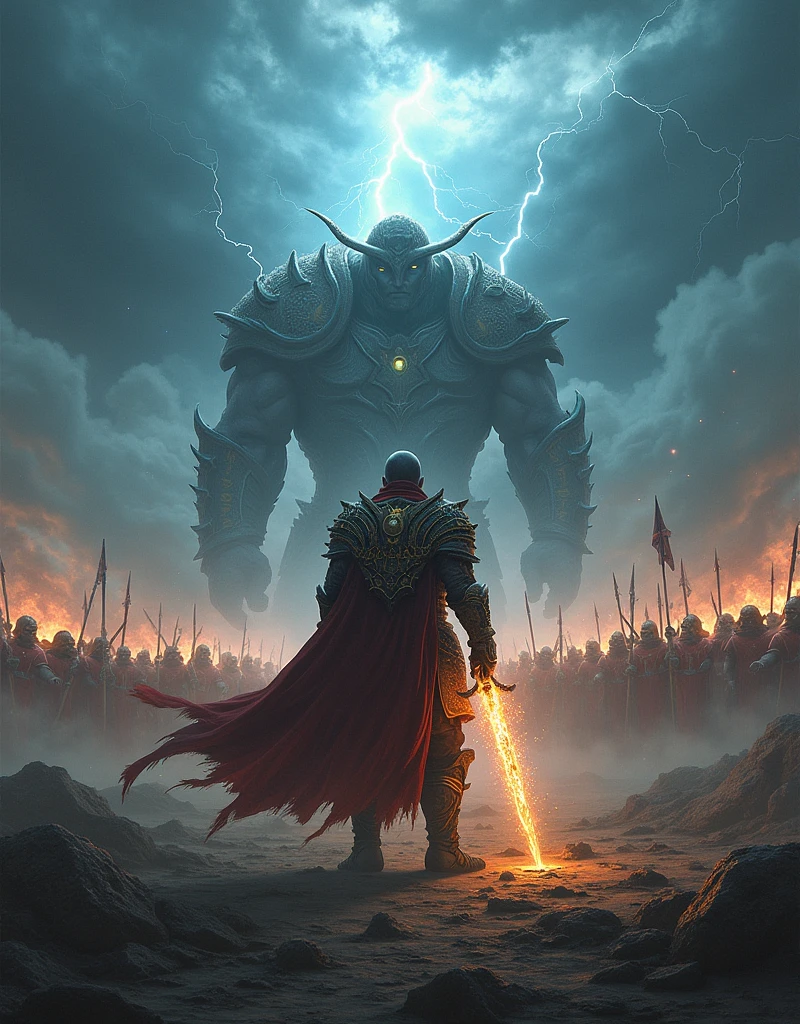“A lone warrior stands defiantly against a massive army under a stormy sky, lightning crackling in the background. The warrior wears intricately detailed armor glowing with ancient runes, wielding a legendary weapon that emanates a powerful aura. The battlefield is torn apart by the clash of forces, with debris flying and the ground cracked. The scene is dynamic and filled with tension, emphasizing the epic scale and the warrior’s unyielding resolve. –v 5 –q 2 –ar 16:9 –stylize 625”
