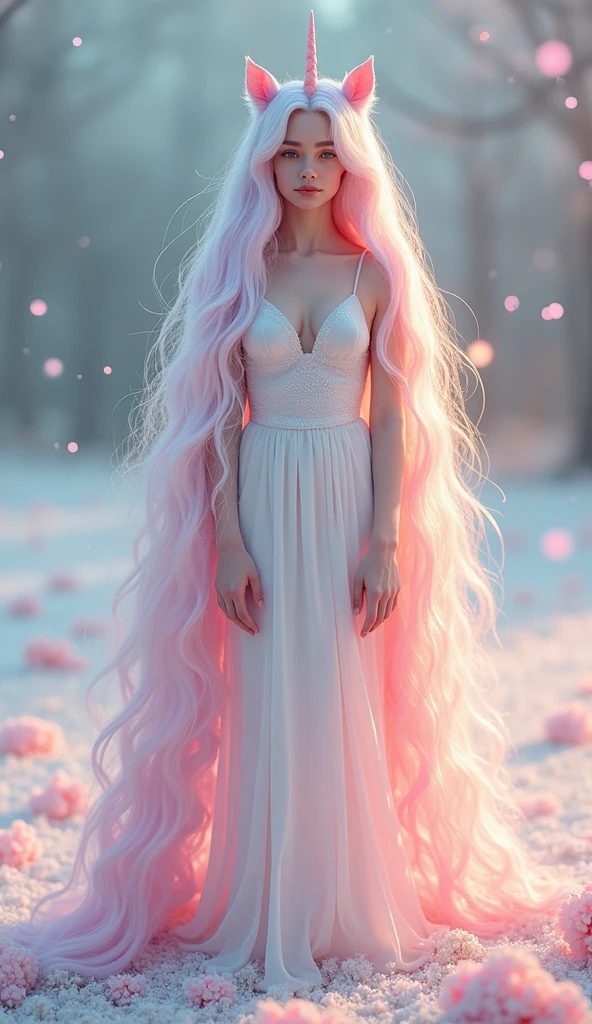 1 white girl as a unicorn with unicorn hair all over from head to toe full body. 