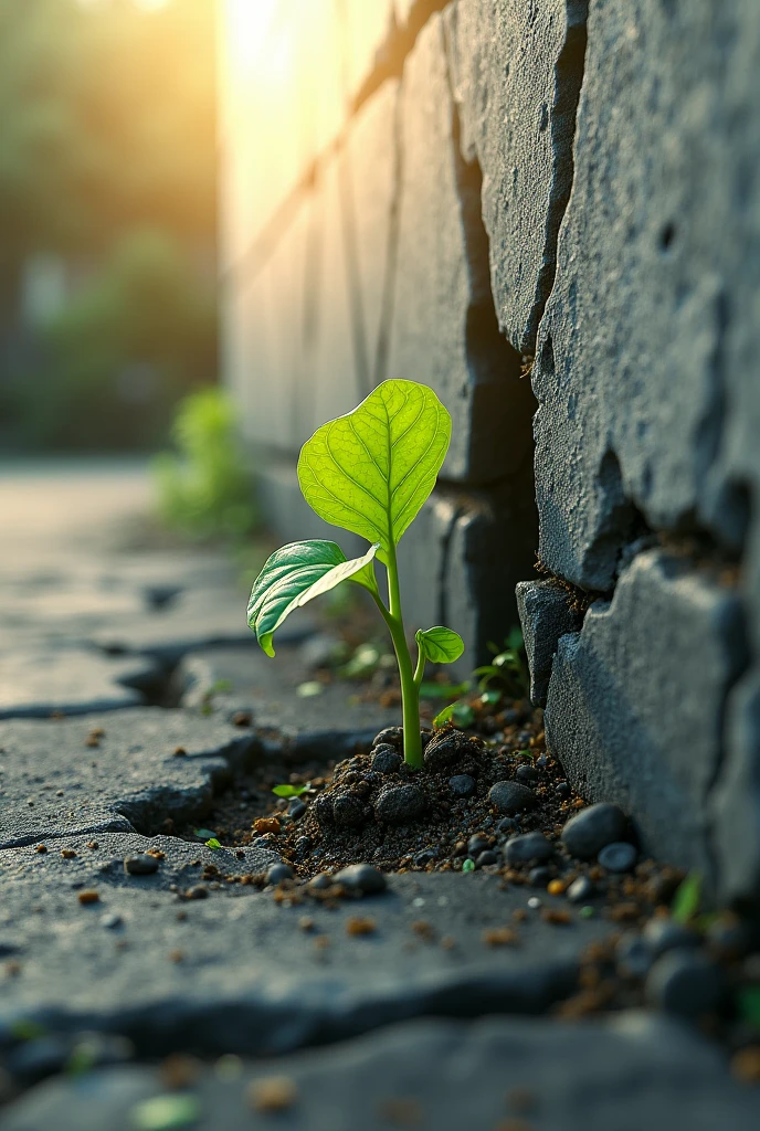 A tiny sprout breaking through a crack in a thick concrete wall. The sprout is reaching towards the sunlight, vibrant and full of life. The concrete is crumbling around it, symbolizing the breaking of old limitations.