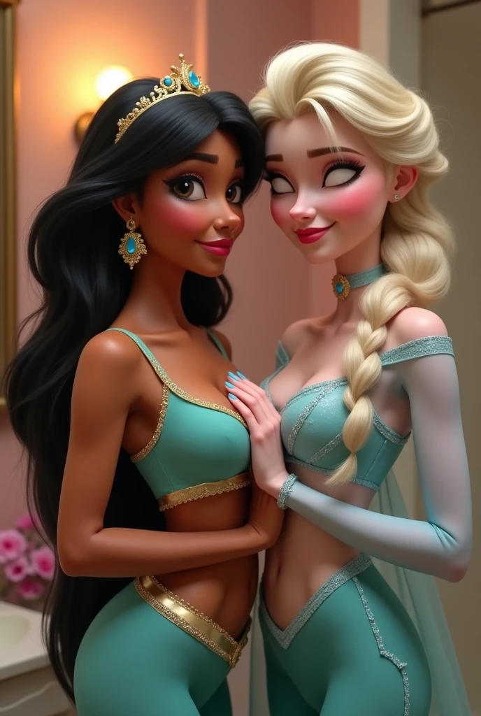 Princess Jasmine and Princess Elsa comparing the size of their breasts, apartment bathroom, posing for the mirror, holding their own breasts, kissing facial expression 