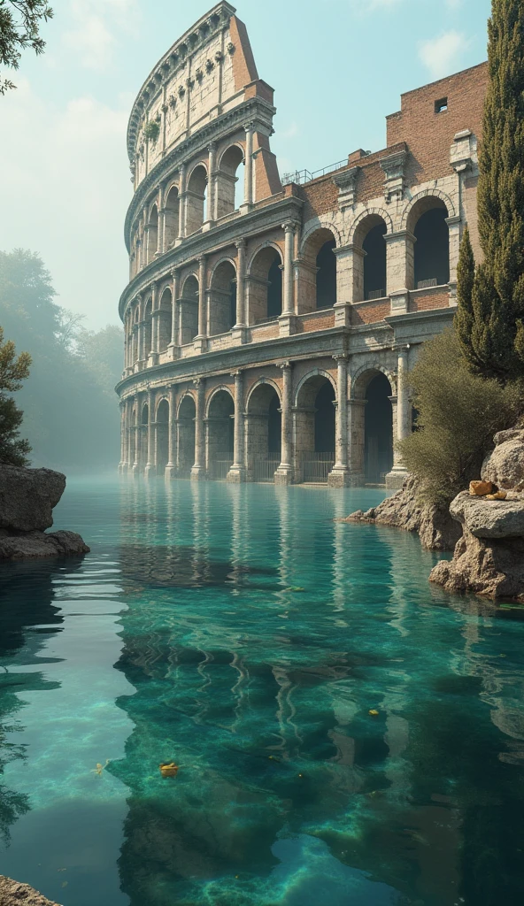 Artistic representation of the Colosseum filled with water.