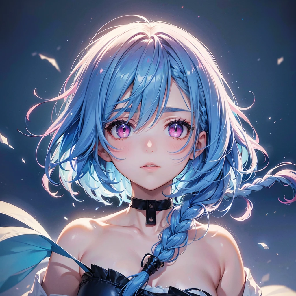 (Tying her sky blue hair into a single braid),(Pink Eyes),Fair skin,whole body,alone,Lonely face,Snowy Night,A lonely girl who got dumped just before Christmas,(masterpiece, Highest quality, Very detailed), Best Shadow,Detailed Background,Beautifully detailed face,High Contrast,Best lighting, Very delicate and beautiful,Cinematic Light,Hyper Detail,8k,Dramatic Light,Exquisite detail,
