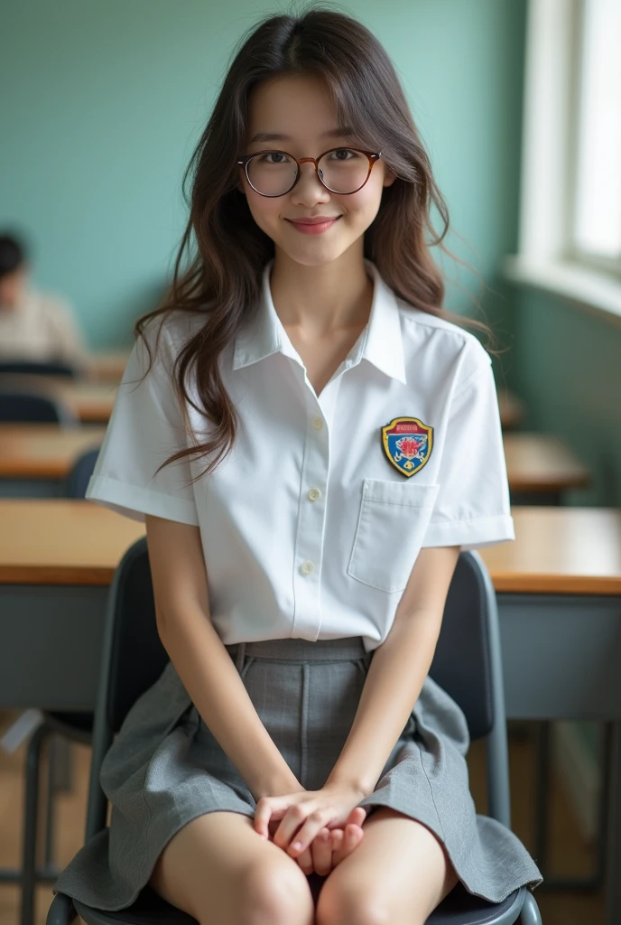 8K, masterpiece, ultra HD, intricate detailed, RAW photo, highly detailed, RAW photo, best quality, A beautiful girl, ars, slightly smile, wearing school uniform, white button up shirt with (chool badges:1.2), cleavage, small breast, ((grey mini skirt:1.3)), glasses, ((Sitting front view:1.5)), ((bare legs pose:1.2)), (sitting on classroom's chair:1.5), front view:1.5, Blured background, depth of field, (lift skirt by myself, show my white panties:1.1), half body shots, closer photo taken, barefeet, Slim body, slender legs, slim muscular body, small breast, wavy hair, ash-brown hair color, ((front view:1.5)),cameltoe, softbox light from front,1 girl ,solo,beauty,1girl
