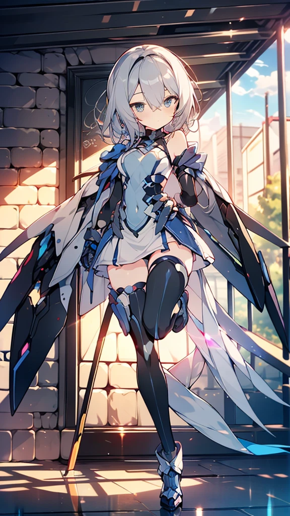 ((full body)),Teenage Girls in Anime, Blue and grey metal armor, Blue hand and thigh accessories, Short dark blue-gray hair, hair accessory, Grey Eyes, Silver earrings, nose, Curious, Healthy Skin, Very dirty, head, shoulder, Small box, arms, Have a map, Narrow waist, feet, Medium thighs, Has black robotic legs, cute, Bright colors on the shirt, Futuristic marble white palace, Shining light in the sky, Stand next to a wall, Cinematic Light, High resolution, Highest quality, Super detailed, Detailed face, (Detailed eyes), Highest quality, Super detailed, masterpiece, (Detailed face), Beautiful face, feetを見せて, short hair