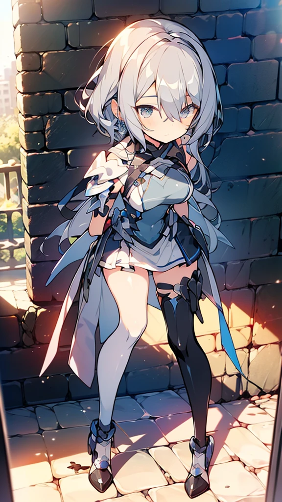 anime, (masterpiece), (best quality), (ultra-detailed), (best illustration), (best shadow), (absurdres), (detailed background), (very aesthetic), shiny, detailed beautiful eyes, outstanding, countershading, detailed soft lighting, an exquisite animation illustration, 1girl, solo, anheang, Dollsuit, thighthigh, dark persona, medium breast, Altina, elf, elven ears, silver hair, blue eyes, hair clips, long hair,