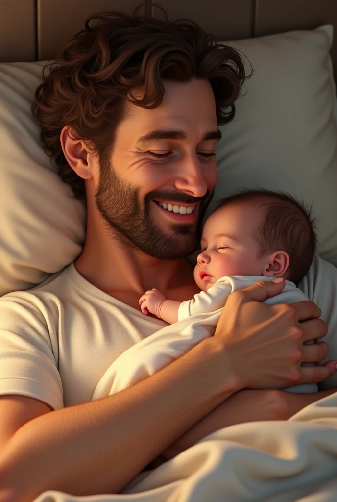 a 40 year old curly haired man lying in a bed smiling, with a baby lying on her belly.