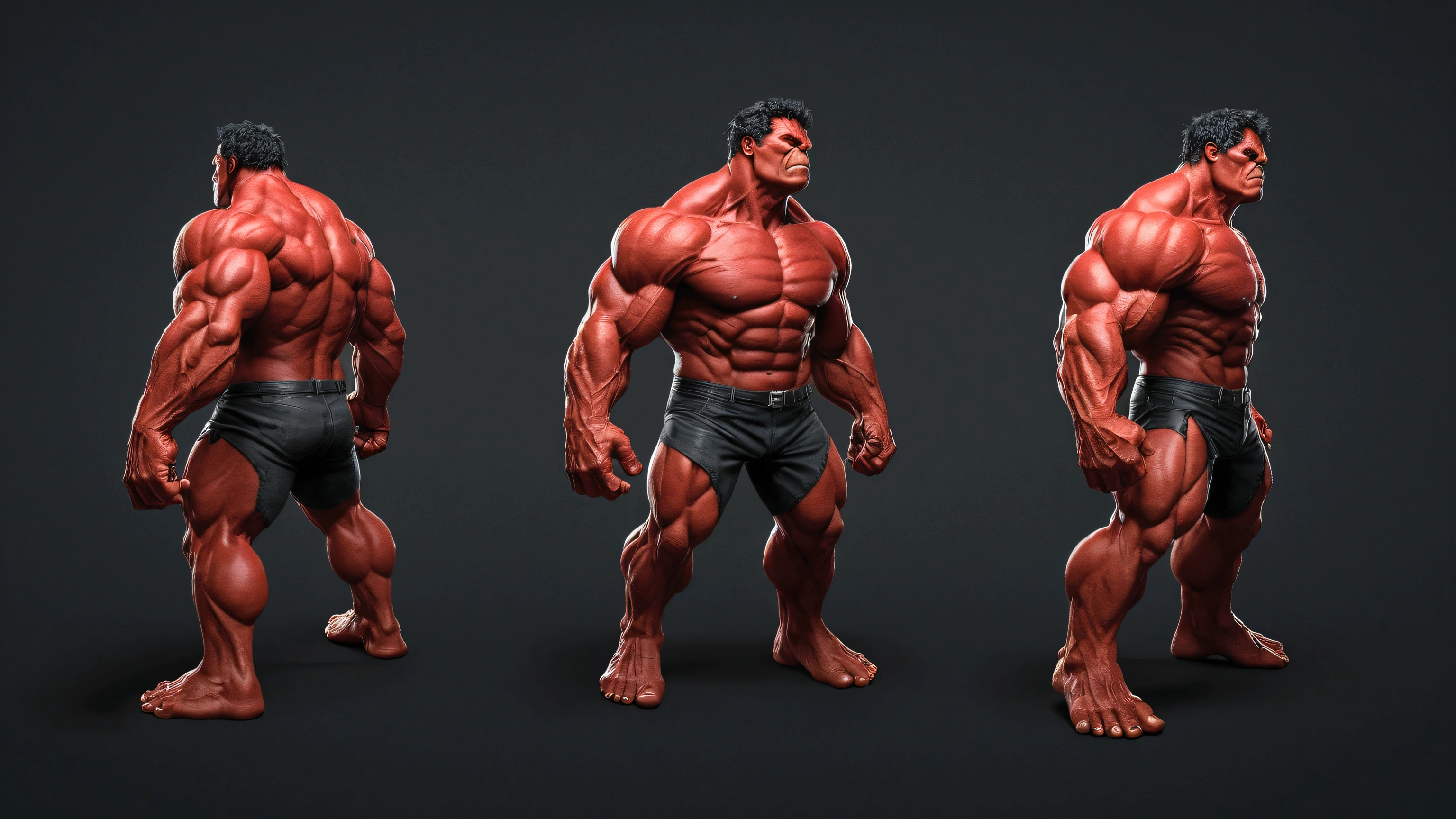 side view of Red Hulk from Marvel,pronounced muscles and jaggedskin,Surrealism,Hyperrealistic,Photorealistic,studiophoto,view from side,8k, ultra high res, sharp focus,highly detailed, (best quality), (photo-realistic:1) character design sheet, character turnaround, character in different poses, different angles, fullbody