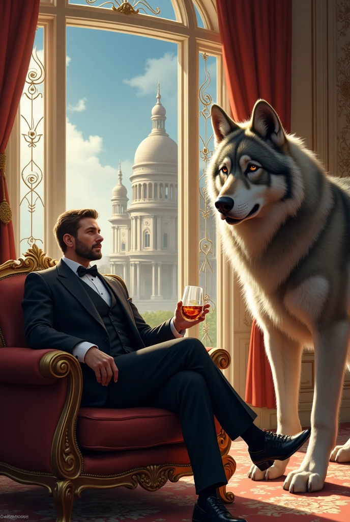 Man Sitting on chair in mansion having drink in hand. On the right side it has big wolf as pet . Behind the chair big building of money