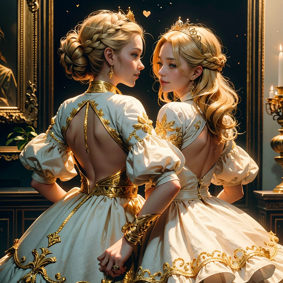 Gorgeous court costumes, blonde hair, French braid, crown, mole under eye, light smile, Renaissance, ray tracing, Sony FE GM, masterpiece, UHD, anatomically correct, textured skin, perfect anatomy, (two girls are deeply in love with each other, back-to-back)