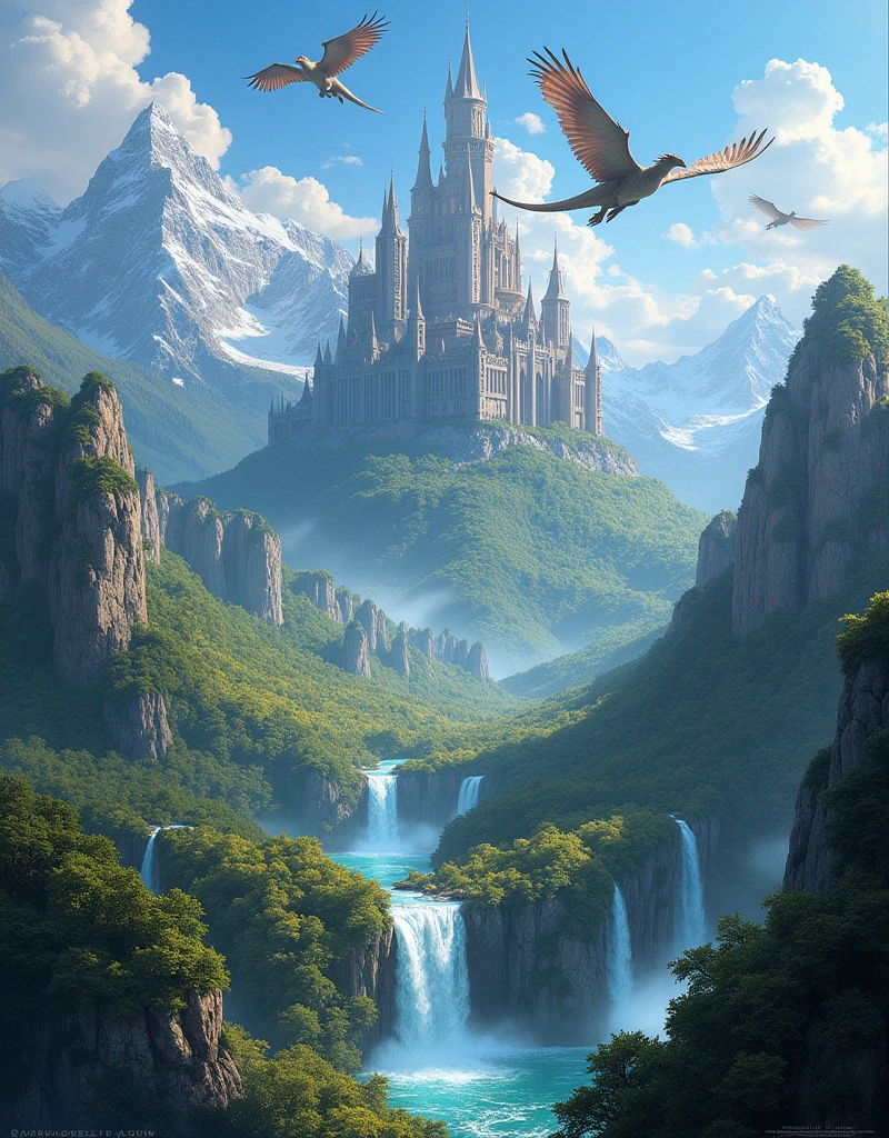 “An expansive fantasy landscape featuring towering mountains, lush forests, and cascading waterfalls. Mythical creatures like dragons and griffins soar through the sky, while giants roam the land. In the distance, a colossal castle with spires reaching the clouds stands majestically, guarded by ancient stone sentinels. The scene is vibrant and magical, filled with intricate details that create a sense of wonder and grandeur. –v 5 –q 2 –ar 16:9 –stylize 625”