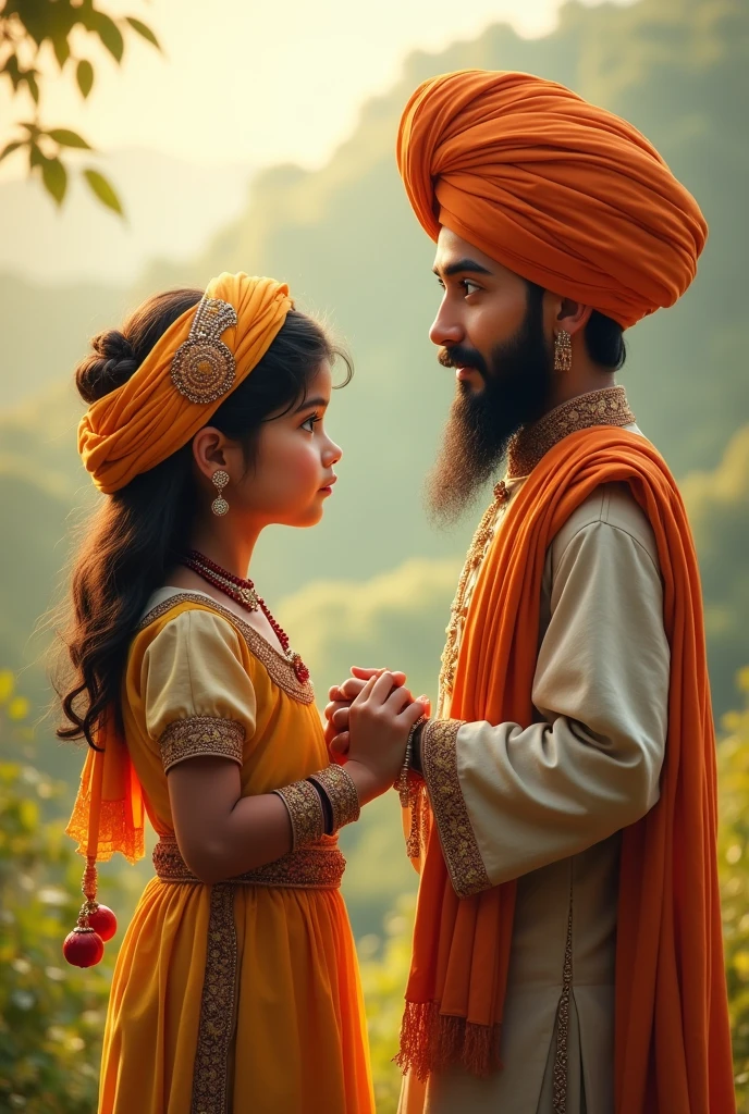 A turbaned sikh girl and dumalla styled turban boy holding hands 