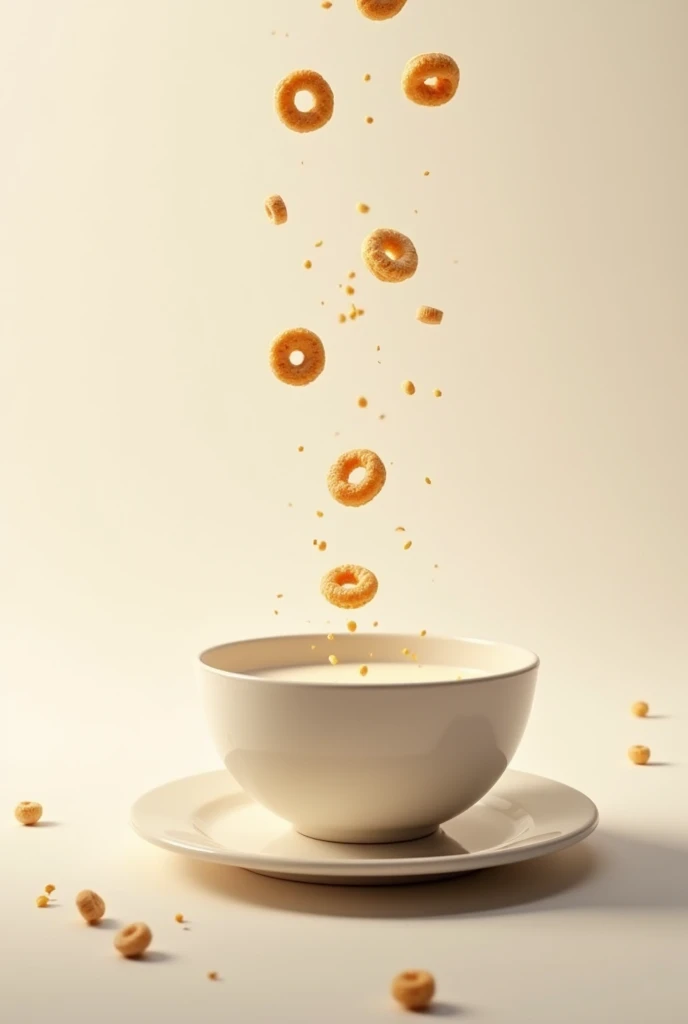 MAKE ME A BOWL OF CHEERIOS CEREAL (circular) WITH MILK WHILE SOME FLAKES FALL TO THE PLATE, And they are seen tered in the air