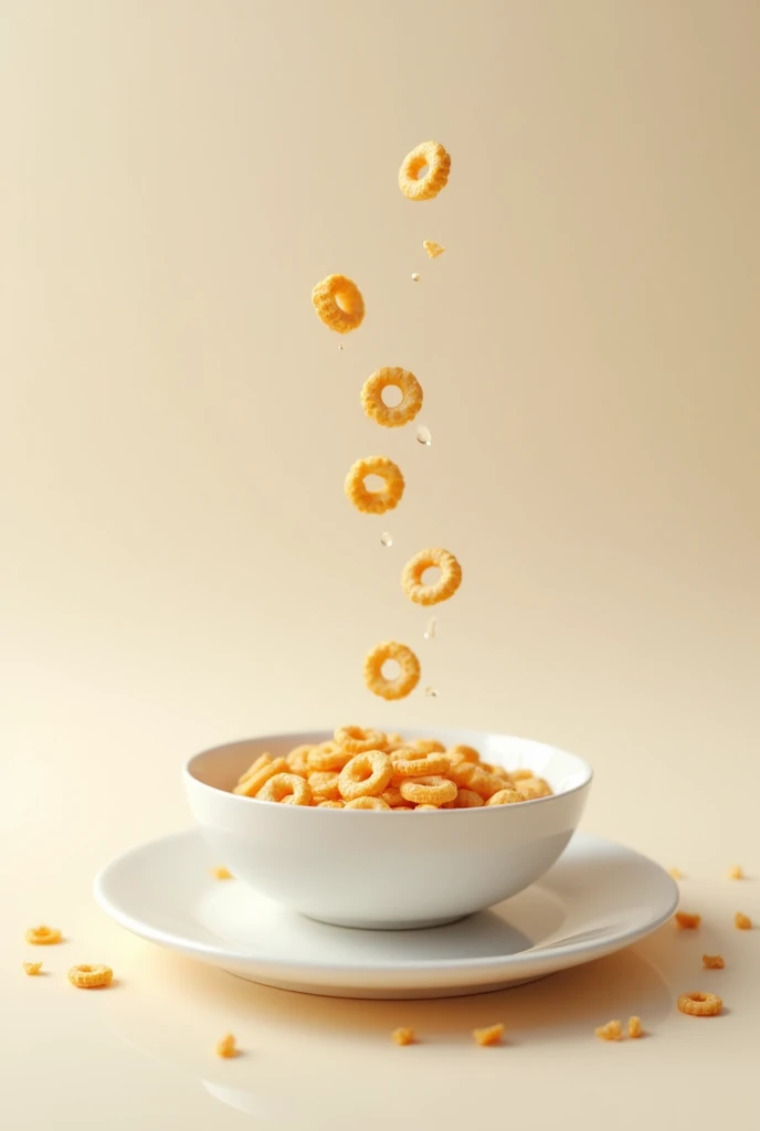 MAKE ME A BOWL OF CHEERIOS CEREAL (circular) WITH MILK WHILE SOME FLAKES FALL TO THE PLATE, And they are seen scattered in the air