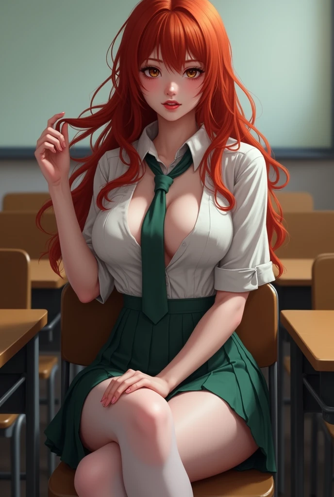 ultra realistic, foot, long red hair, Irish, 2, hourglass figure, perfect body, small breasts, seductive look, background blur, in a schoolgirl costume (open blouse with neckline, overskirt, white opaque stockings, tie), sitting in class, sitting in a chair at his desk, you look tempting, playing with a strand of hair, She crossed her legs, nude