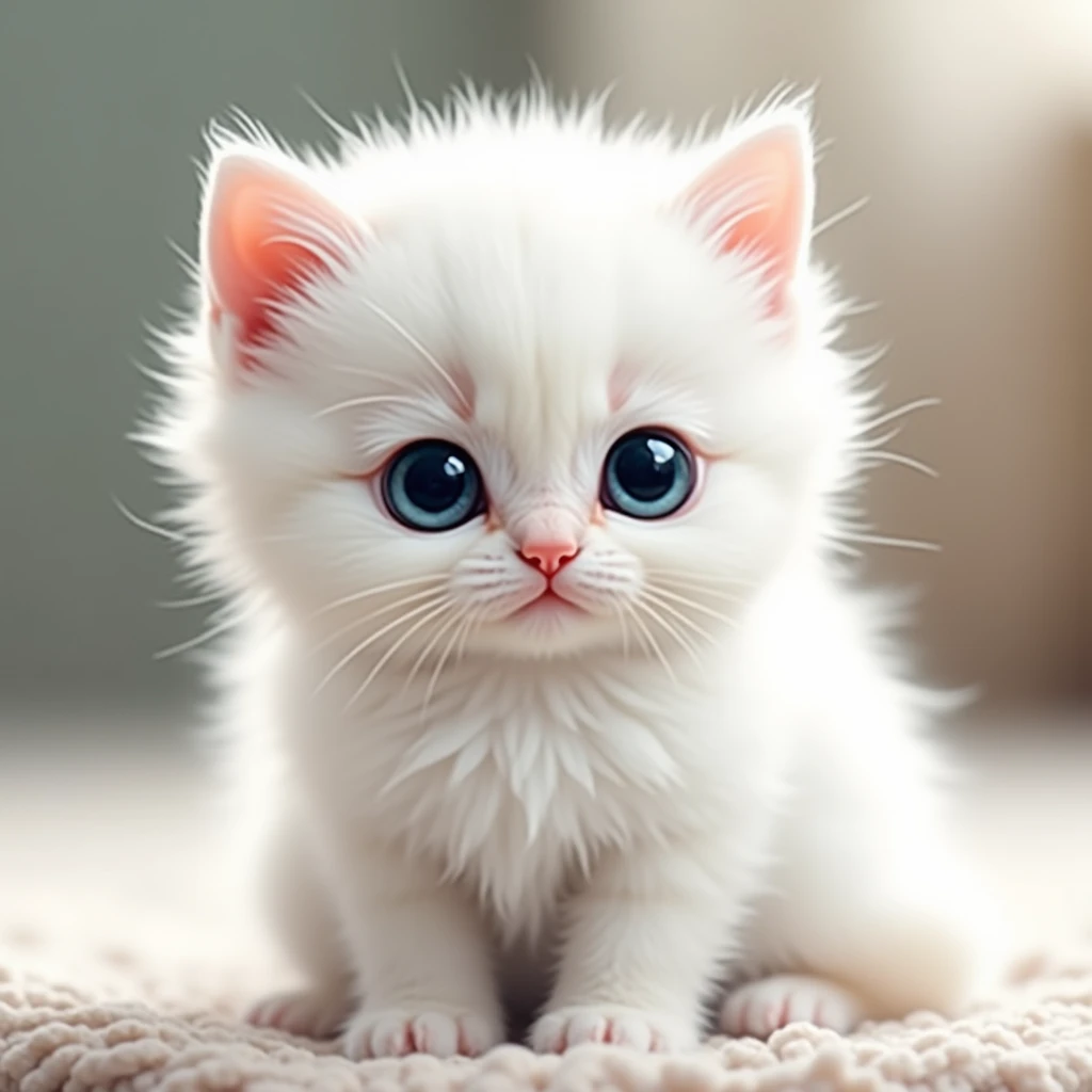 exotic shorthair, Blue eyes and a black nose、Cute and fluffy white kitten