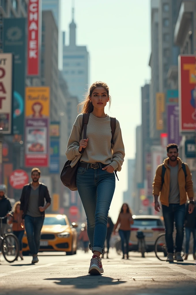 A young college girl walking in a crowded city focused to her destination